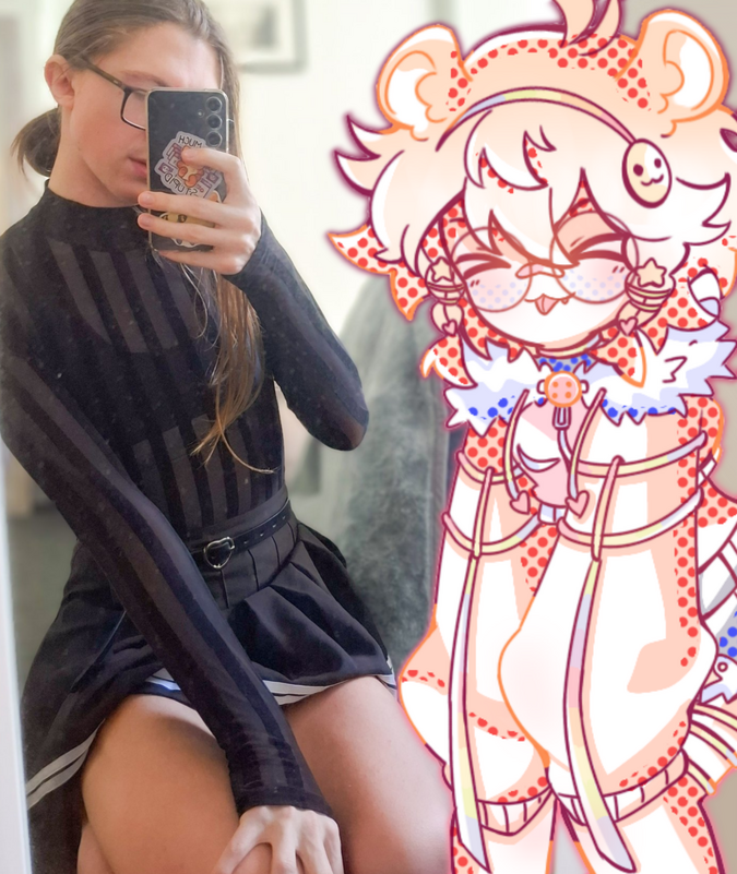 Myself (Left) pictured with my Lion sona (right). I think they're pretty cute together. Art by: @fishkrei.bsky.social